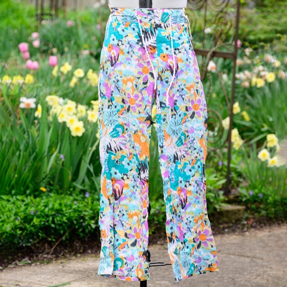 Etcetera Pants - EtCetera Rope-belt Turquoise, Orange, & White Cotton & Linen Pants